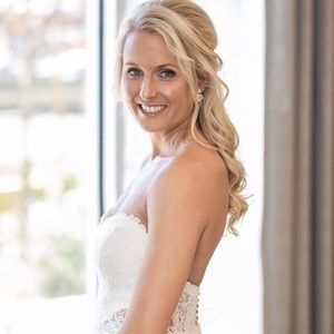 Mikaella Bridal White Crepe + Lace Wedding Dress. Size 2.